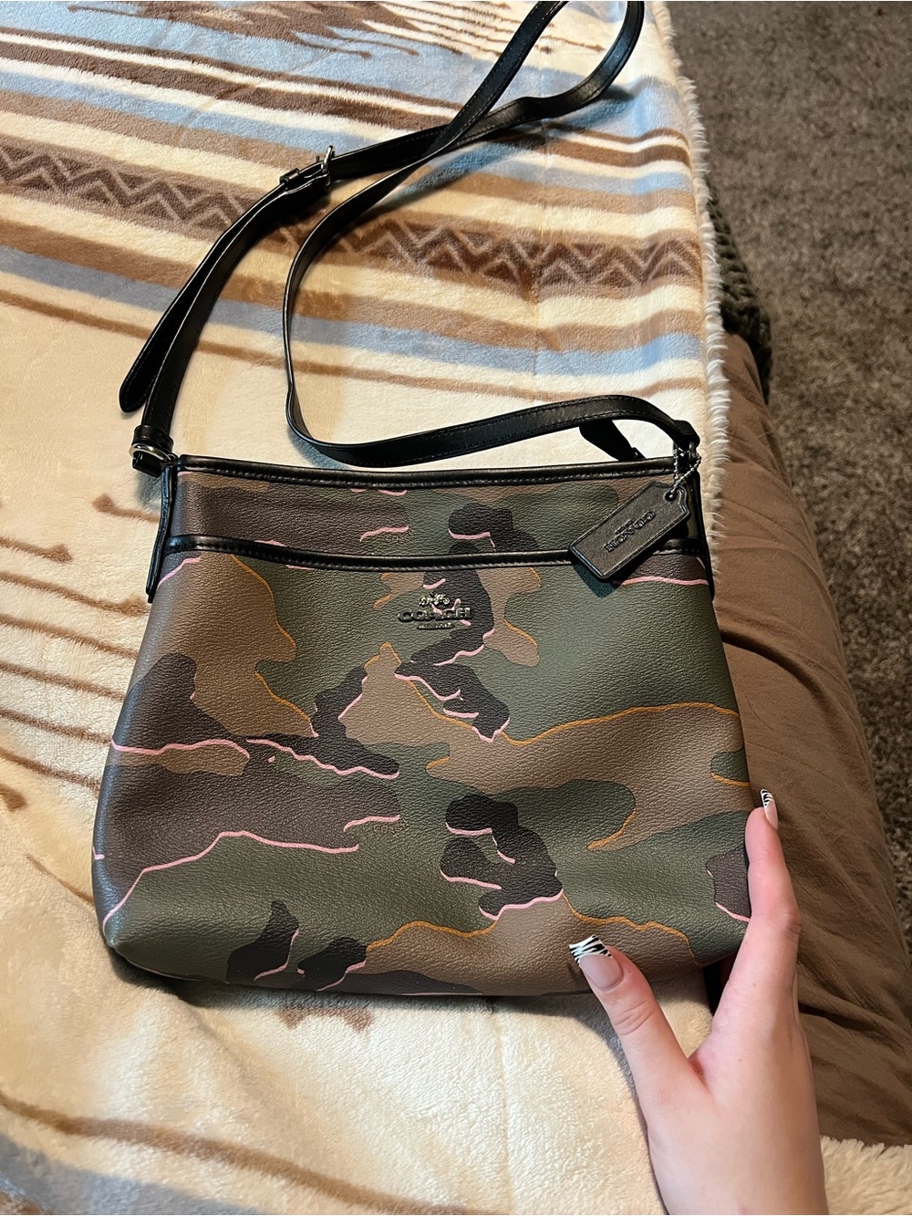 Coach Olive Green Camo Crossbody with Pink Accents